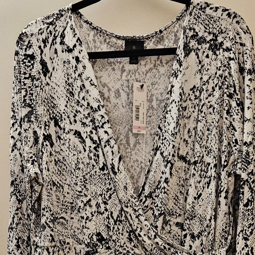 Worthington Wrap-Over Shirred Blouse with Round Hem, Black on White, 1X - Picture 2 of 3